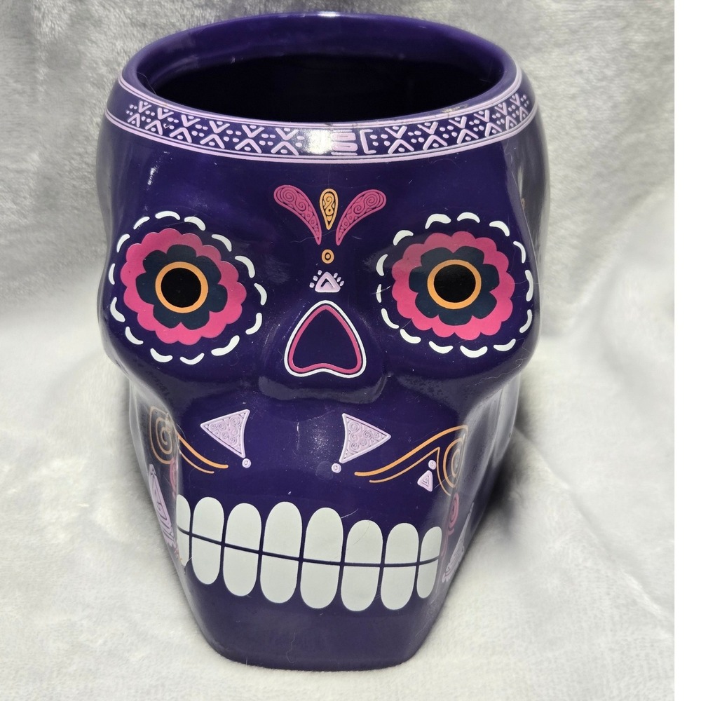 Purple Ceramic Sugar Skull Succulent Planter Day of the Dead Halloween Decor 5in